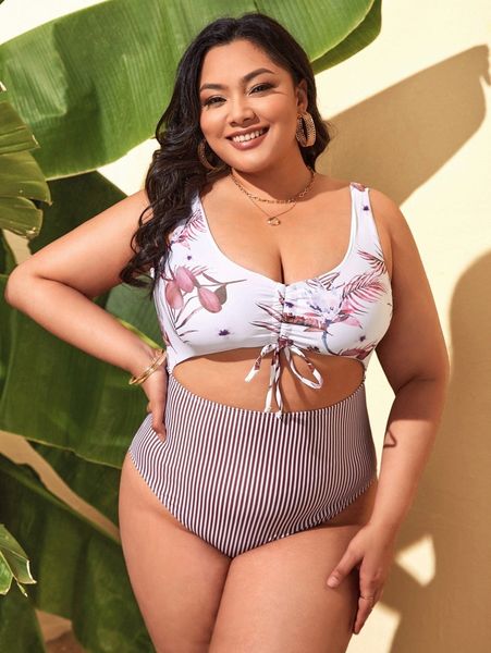 

plus striped & plant print drawstring cut-out one piece swimsuit t2yr#, Black