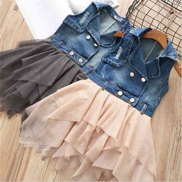 Fashion Fall Kids Girls Denim Tulle Dress Abito per bambini Sleevele senza maniche Bambini a strati Patchwork asimmetrici 210529