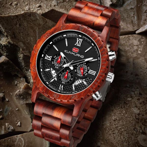 

wristwatches kunhuang wood watch men bayan kol saati quartz mens watches with luminous hands in wooden gifts box drop custom logo, Slivery;brown