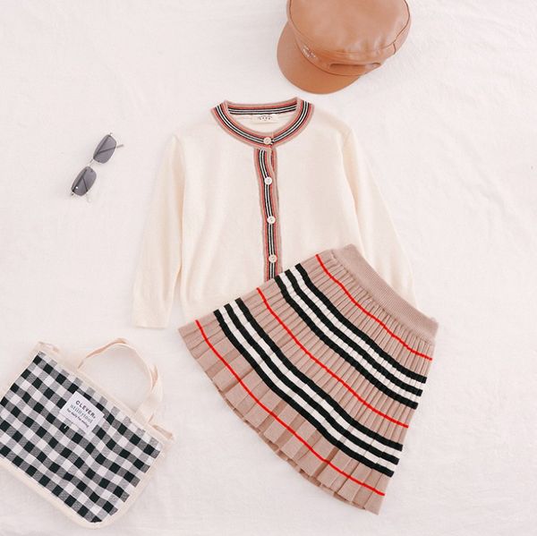 

baby girls designer clothing sets fashion autumn kids knit outfits fall children long sleeve cardigan + stripe pleated skirt 2pcs suits s124, White