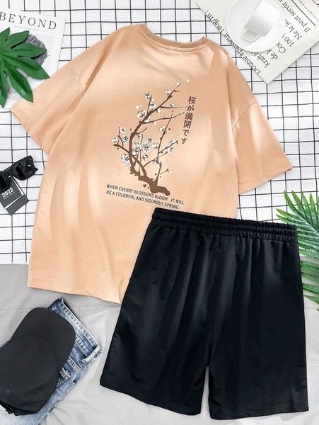 

men floral & japanese letter graphic tee & shorts e0ai#, Gray