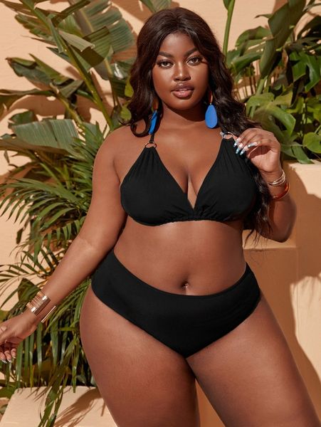 

sxy plus ring linked triangle high waisted bikini swimsuit k34q#, Black