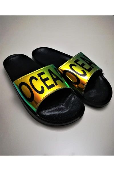 

slippers women's shiny ocean writing detail, Black