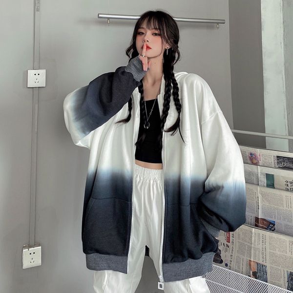 

2021 new akihara-juku-style thickened hoodie street fashion couple color matching women trendy loose hooded zipper sweatshirt jacket 354y, Black