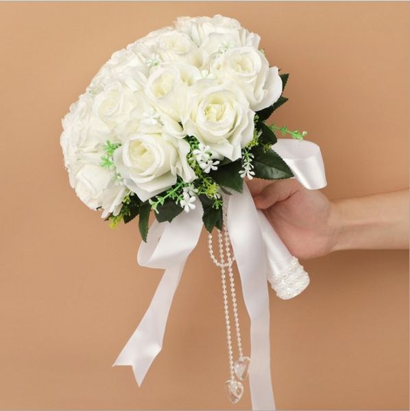 Weiße Brautsträuße, runde Hochzeitsblumen, künstliche Lilien, Rosen de Mariage, handgefertigte Brosche, Hochzeitsfeier-Dekoration