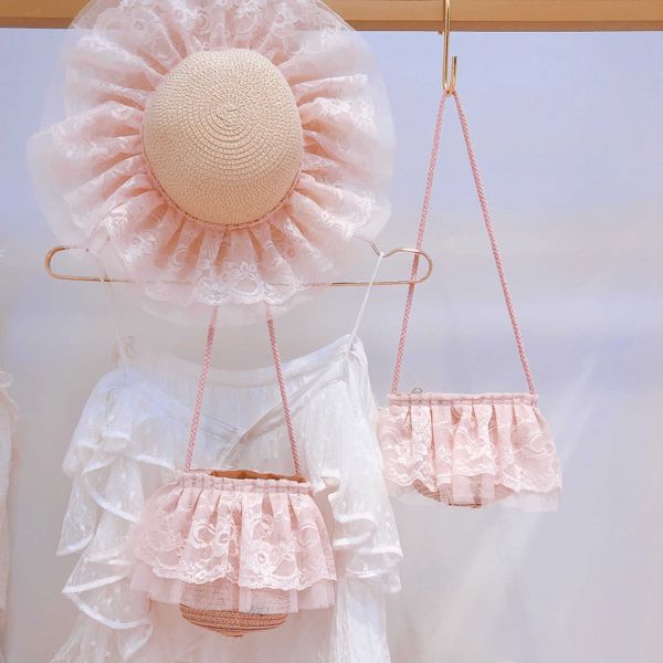 

hd5139a05 japanese and korean princess wind lace mesh large children straw hat sun shading bag, Yellow