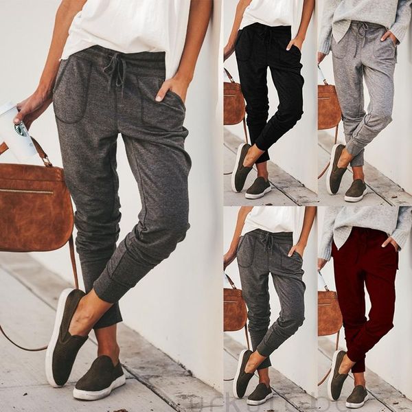 

women's pants & capris women casual jogger pocket loose long trouser bottoms ladies drawstring sweatpants sports soft harem trousers, Black;white