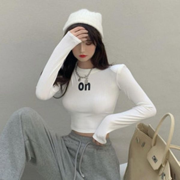 

women's t-shirt 2021 autumn korean round neck letter open navel short looks thin slim bottom female no print 2ei5, White