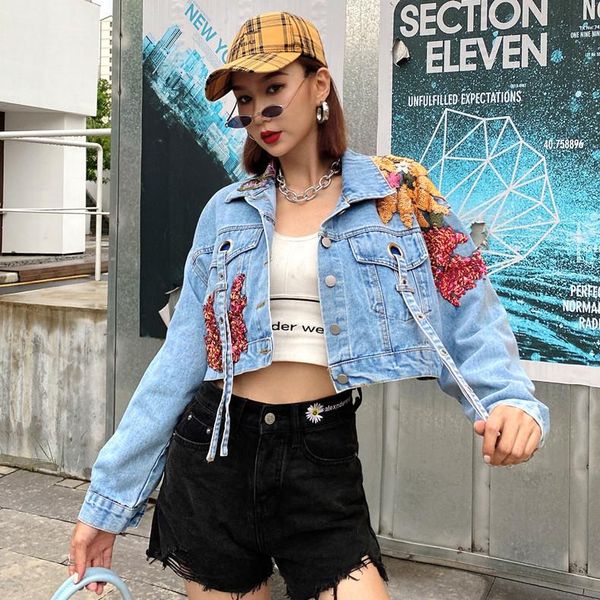 

women's jackets hebaoli 2021 fashion spring and autumn short embroidery sequins patchwork street brand denim jacket, Black;brown