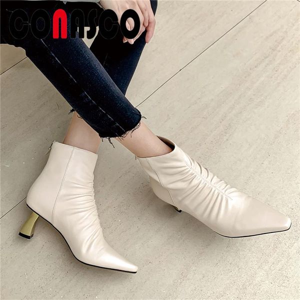 

boots conasco female autumn winter ankle for women pointed toe high heels shoes woman concise elegant pleated basic, Black