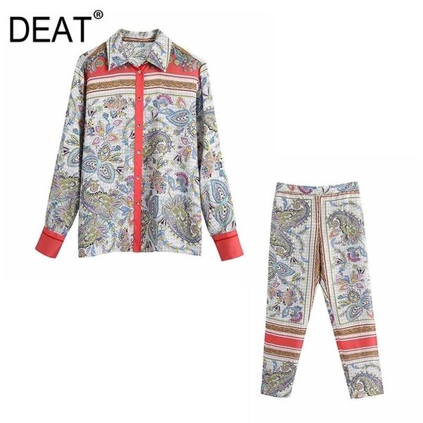 

[deat] spring fashion long sleeve single-breasted turn-down collar loose shirt printing high waist pants suit 13c614 210527, White