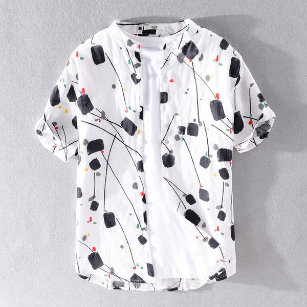 

2021 new summer 100% linen japanese style fashion for men casual trendy shirt mens short sleeve stand collar shirts xbin, White;black