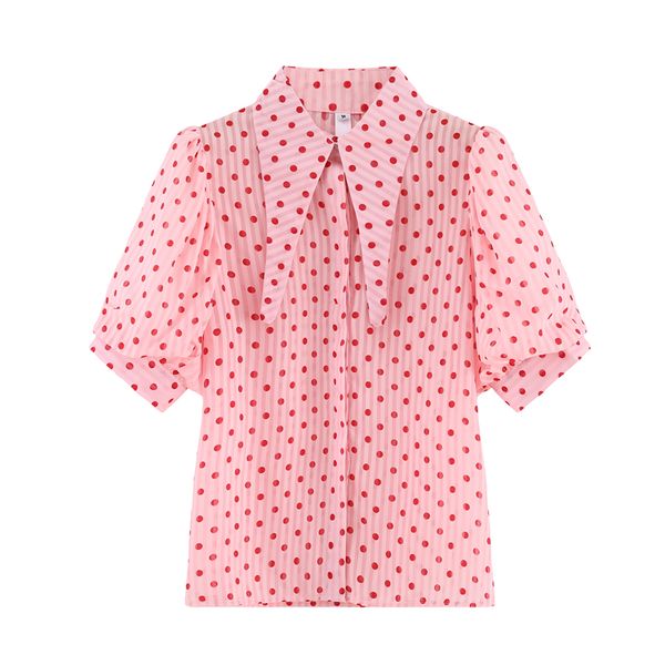 

chiffon polka dots short-sleeved shirt for women 2021 summer korean style loose elegant blusas puff sleeve doll collar blouse, White