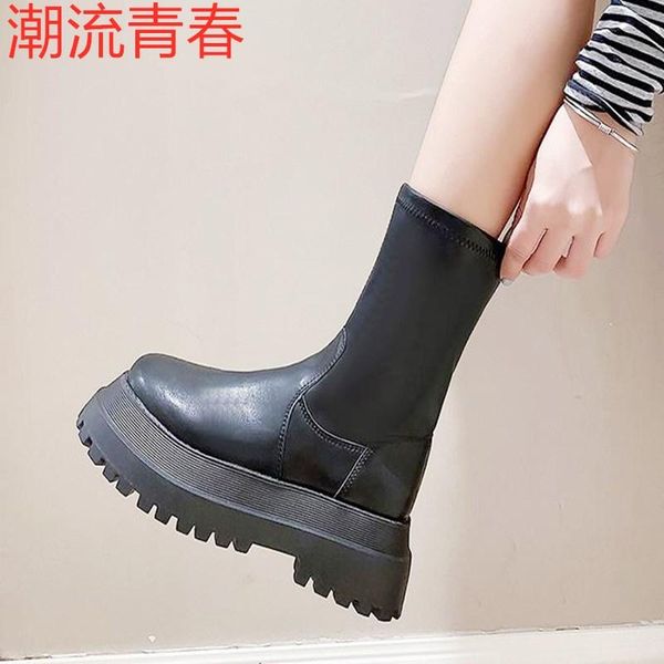 

boots women ankle woman leather high platform non-slip wear-resistant ladies thick-soled short, Black