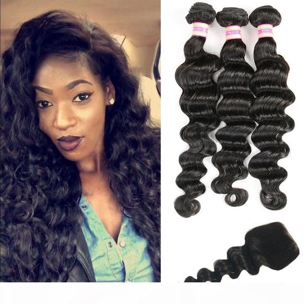 

brazilian virgin human hair bundles loose wave with closure loose deep wave hair extensions 3 4 bundles with closure, Black