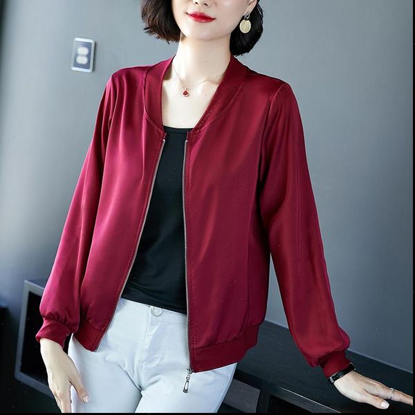 

2021 spring jacket women fashion solid satin pink lightweight coat basic jacket bomber chaqueta mujer slim outerwear windbreaker, Black;brown