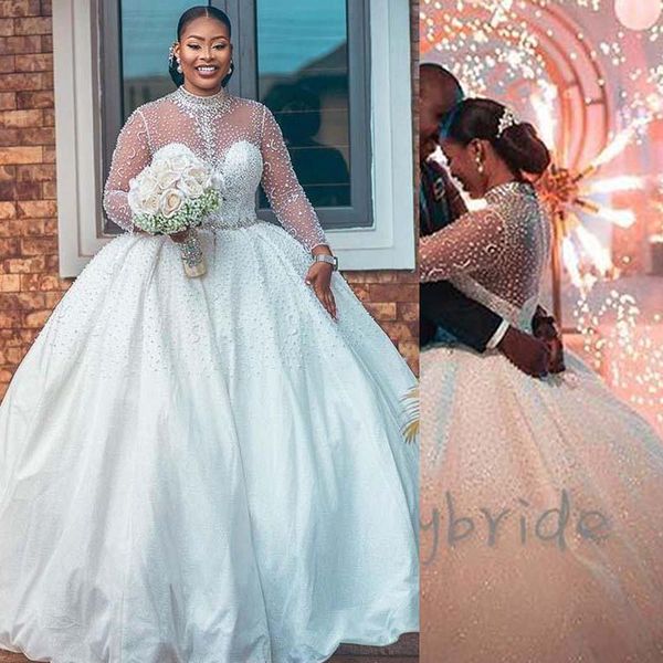 

african plus size wedding dresses satin high neck beaded crystals custom made long sleeves satin floor length wedding bridal gown vestidos, White