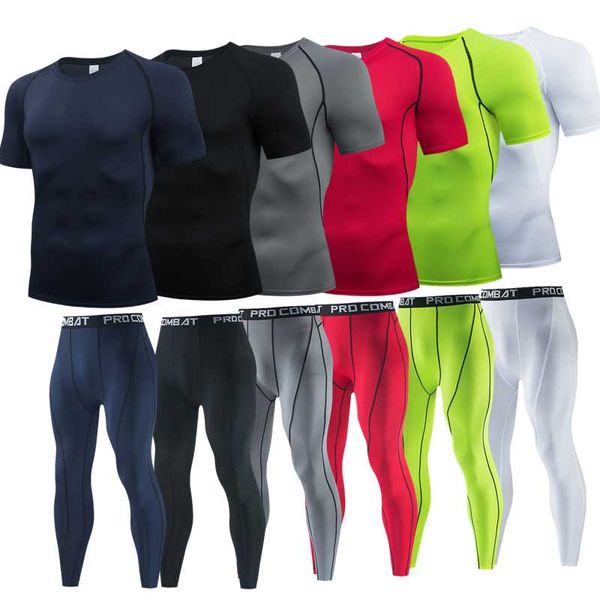 

men's tracksuits men short sleeve 2piece suit t shirt compression tights+pants fitness running t-shirt breathable sport rashgard gym se, Gray