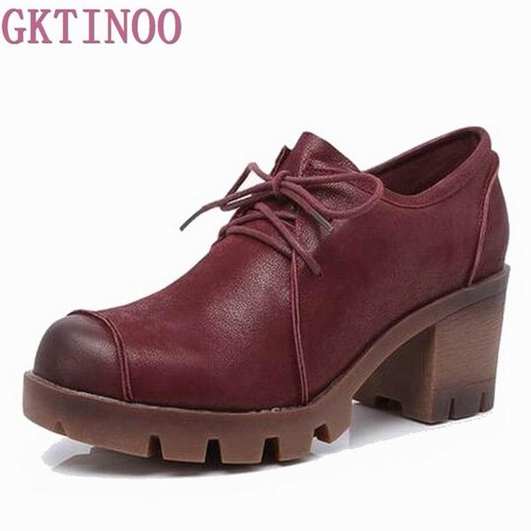 

dress shoes plus size 34-43 fashion lace up women pumps genuine leather thick high heels platform woman, Black