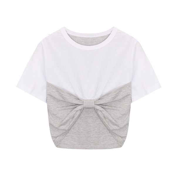 

2021 new bowknot cintura fina camiseta feminina de manga curta vero estilo curto senhoras moda simples t pjn1, White