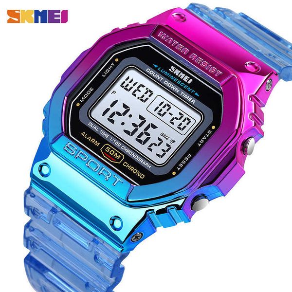 Skmei Moda Cool Garotas Relógios Eletalloplated Caso Transparente Strap Lady WristWatch Digital Relogado Reloj Mujer 1622 210616