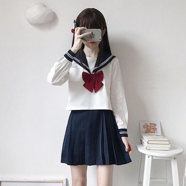 

clothing sets japanese style s-2xl student girls school uniforms navy costume women jk suit sailor blouse pleated skirt set, White