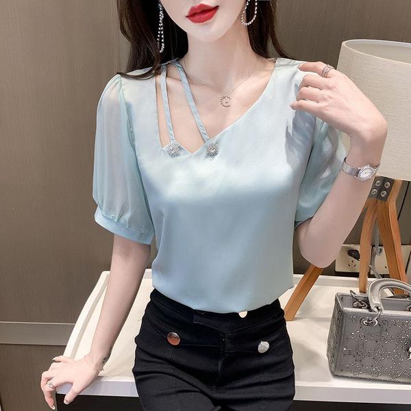 

women's blouses & shirts chiffon women diagonal collar short sleeve asymmetry casual elegant summer ropa de mujer blusas mm0720, White