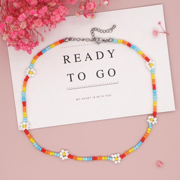 

chokers daisy choker necklace for women beaded necklaces boho summer jewelry flower rainbow collares stainless steel clasp, Golden;silver