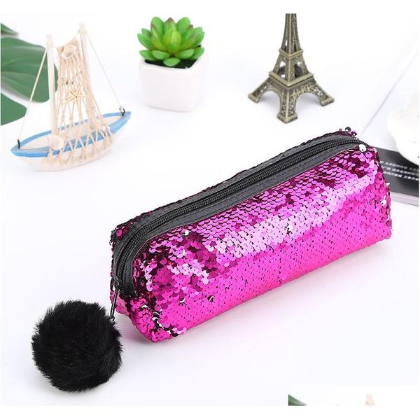 

color reversible sequin school supplies stationery cute pencil box school tools warm ball plush pendant jllmpf bdetrade