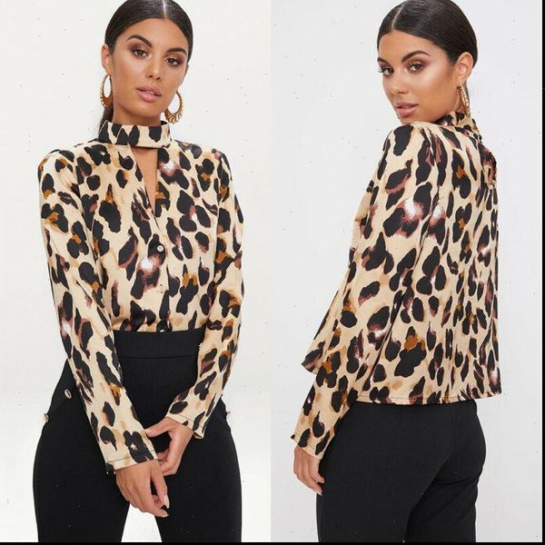 

fashion women halter choker leopard blouse shirts ladies casual long sleeve print plus size blouses shirts blusas 2xl, White
