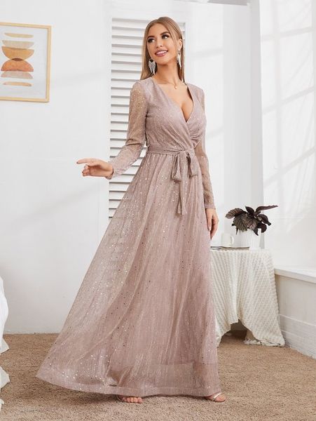 

glitter surplice plunging belted maxi prom dress she, Black;gray