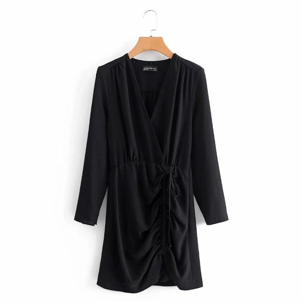 

women v neck drawstring decoration black mini dress female long sleeve clothes casual lady loose vestido d6980, Black;gray