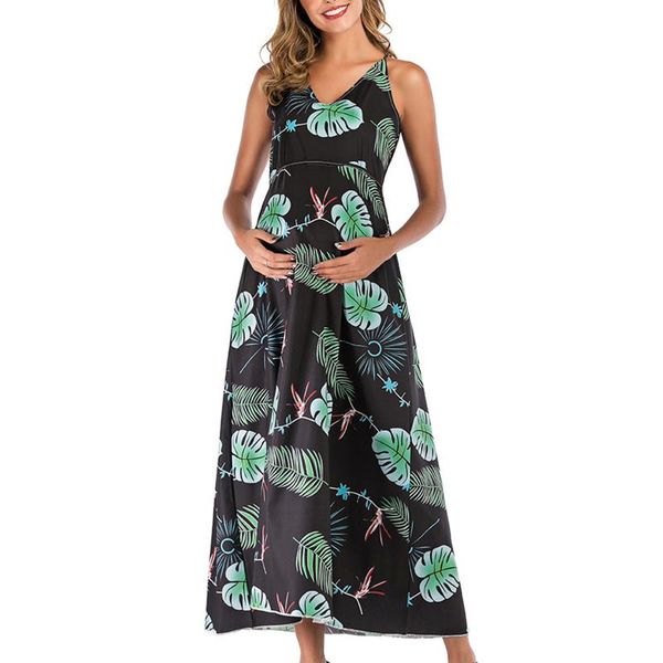 

maternity dresses pregnant woman summer round sleeveless leaves print sling v-neck fashion dress casual floral nursing, White