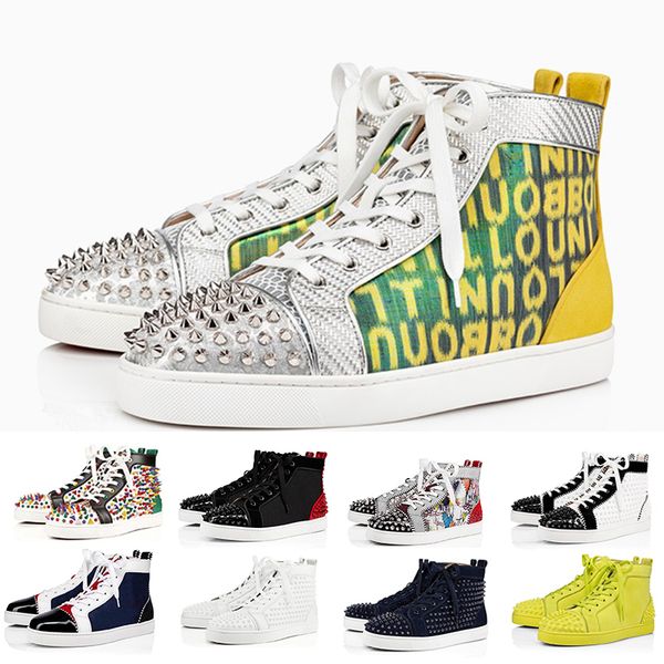 

red bottoms sneakers men women designer dress shoes high low black white camo green glitter grey leather suede mens fashion spikes casual tr