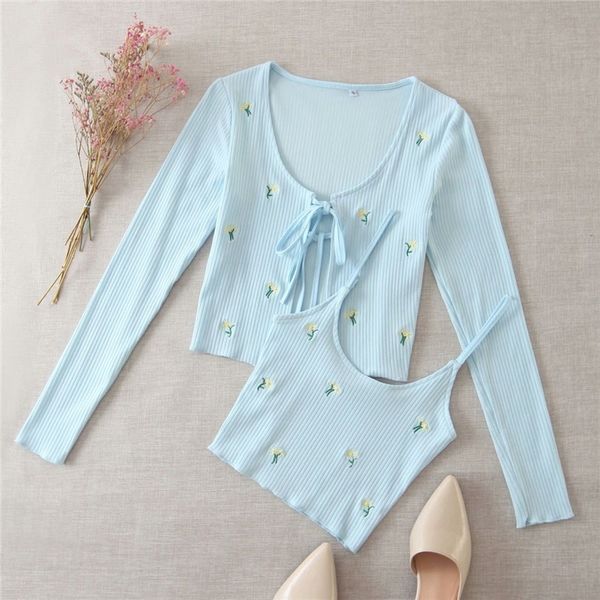 

elegant women knitted blouse sets fashion ladies floral embroidery set female streetwear shirts girls chic knitwear 210308, White