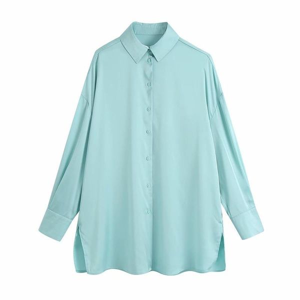 

women's blouses & shirts autumn 2021 elegant drape satin solid casual blouse women long sleeve button-up chic simple loose blusas, White