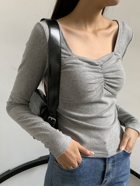 

dazy sweetheart neck ruched ribbed knit tee t2kv#, White