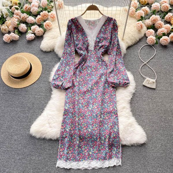 

casual dresses uulutonica autumn women elegant fashion a-line print full lace mid-calf puff sleeve empire v-neck dress, Black;gray