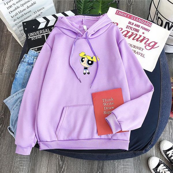 

new fashion harajuku streetwear powerpuff girls hoodie sweatshirts pullovers women long sleeve hooded cartoon print hoody, Black