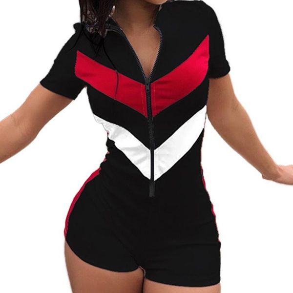 

women's jumpsuits & rompers stitching color shorts bodysuit zipper short sleeve playsuit casual black blue white women jumpsuit, Black;white