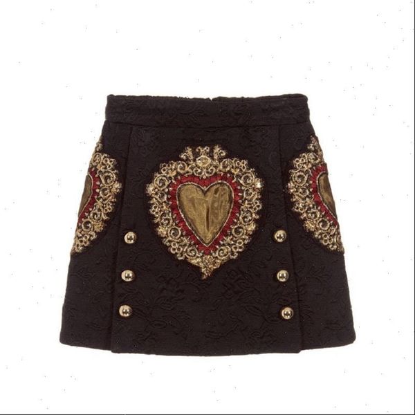 

vintage black heart embroidery a line skirt women 2021 new summer runway double breasted female ladies party mini skirt clothes