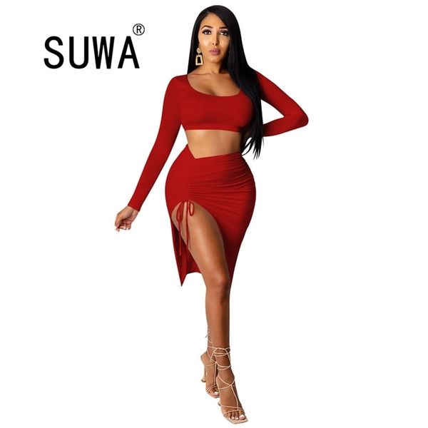 

ruched drawstring club women matching sets long sleeve party skinny square neck and skirts 2 piece outfits wholesale 210525, White