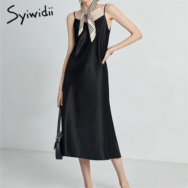 

silk dress for women satin summer black party sleeveless trumpet mermaid evening midi spaghetti strap fashion 210607, Black;gray