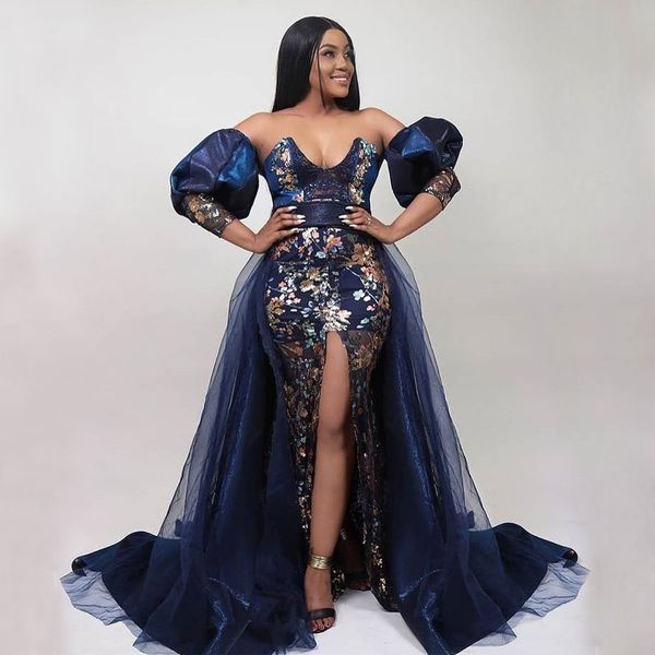 

dark navy lace mermaid prom dresses v neck overskirt african evening gowns front split tulle long sleeves formal dress, Black