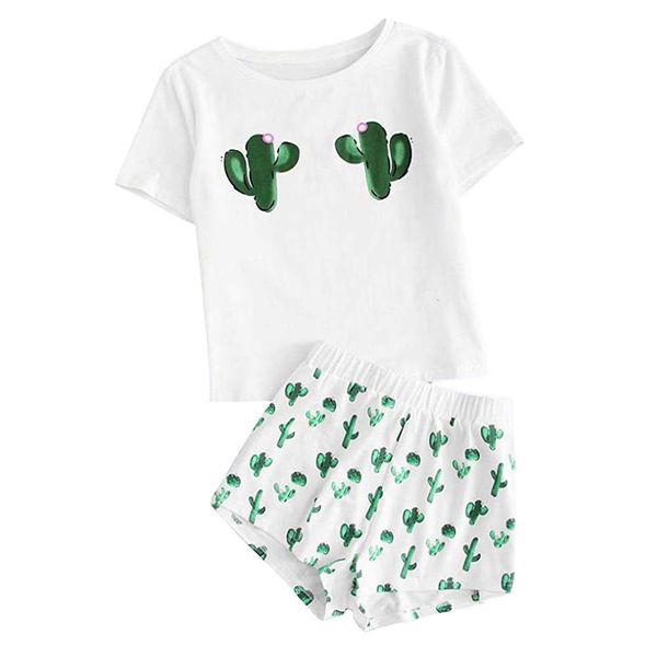 

summer avocado cartoon pajama set print short sleeve t shirt and shorts sleeping set 2020 woman casual homewear set, Black;red