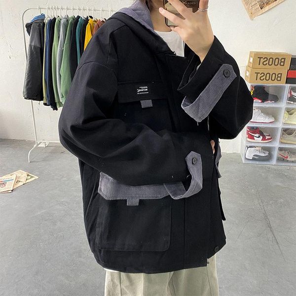 

men's jackets spring autumn tooling jacket men korean fashion loose hooded casual harajuku streetwear retro coat, Black;brown