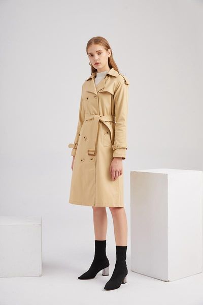 

2021 women trench coat new long waist coat pure cotton fashion classic long sleeve lapel mid-length suit, Tan;black