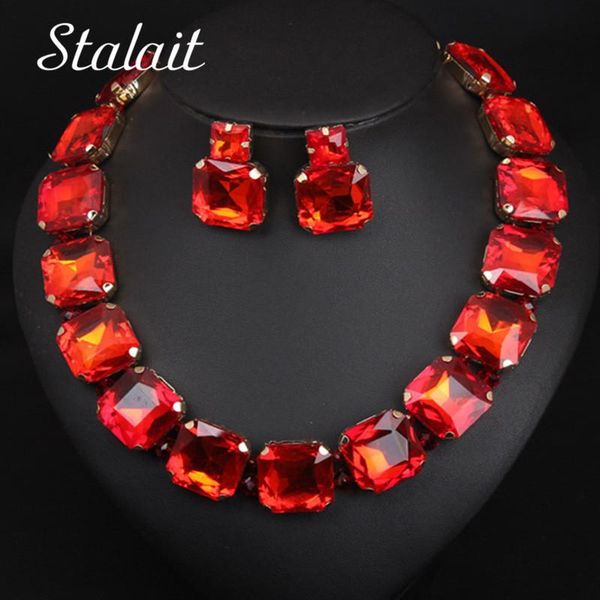

earrings & necklace bohemian geometric red crystal bridal wedding jewelry sets for women statement rhinestone gold color clavicle luxury, Silver