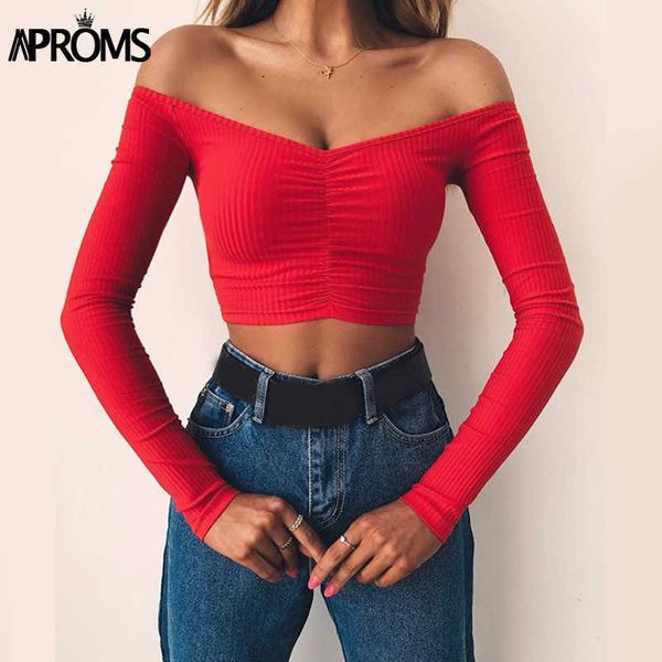 Grembiule Elegante rosso spalle scoperte manica lunga a costine T-shirt da donna sexy maglia base elasticizzata T-shirt anni '90 ragazze Crop Top Tees T200613