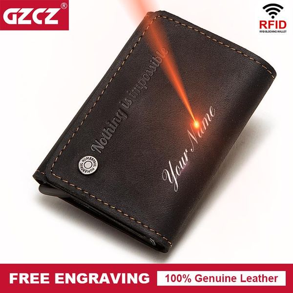 

card holders gzcz rfid holder leather men wallets money bag aluminum metal credit business mini wallet drop for, Brown;gray